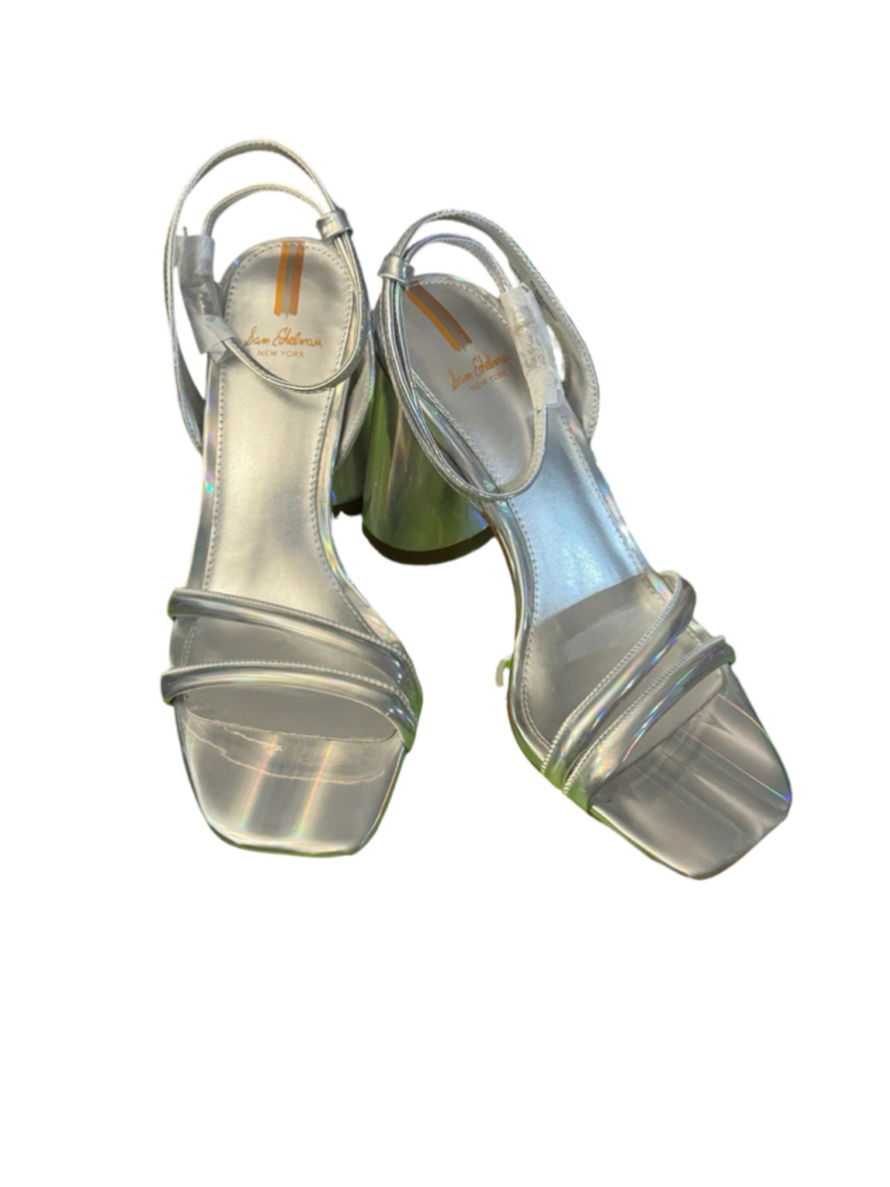 Sam Edelman Silver Holographic Heels Size 8, strappy block heel